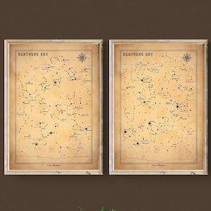 Nördliche südliche Himmel Sterne Karte druckbare 2er Set, INSTANT DOWNLOAD, Vintage Astrologie Poster, Home Decor, Geschenk für Freunde Familie