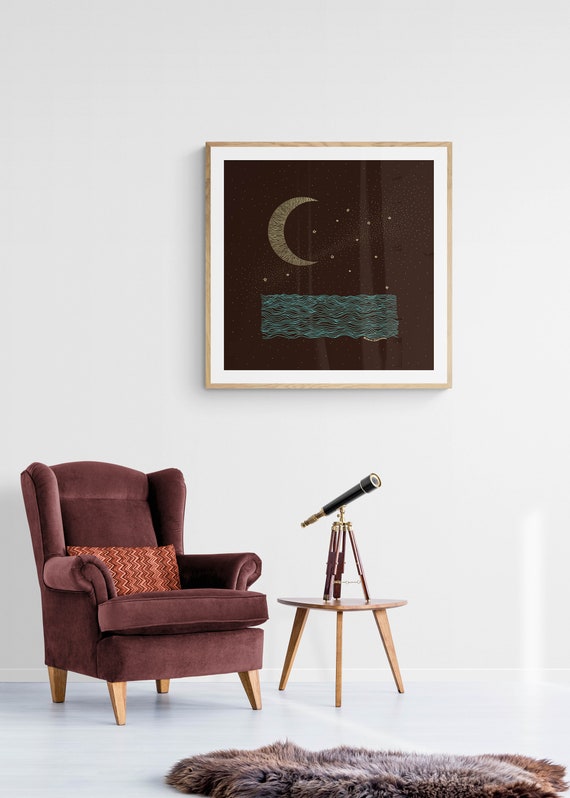 Moon Ocean Minimalist classy wall art Earthy tone nature abstract art