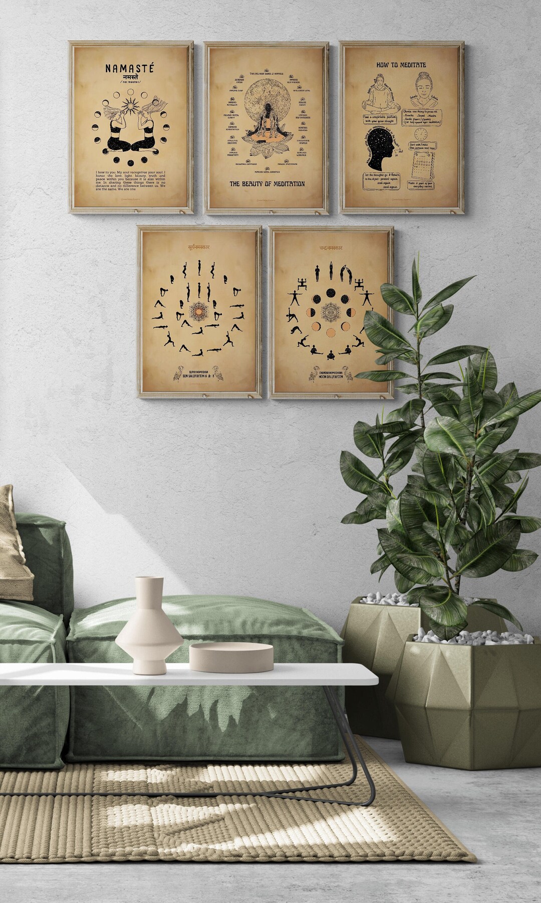 Yoga Vintage Printable Art Set of 5, Ashtanga Yoga, Sun & Moon Meditation, INSTANT DOWNLOAD, Sun ...