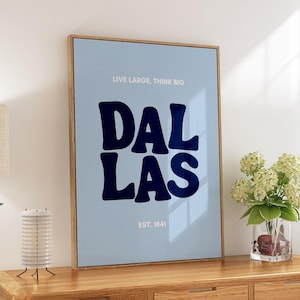 Dallas Typography Art Print | Dallas Texas Wall Art Blue | Texas City Art | Digital Download