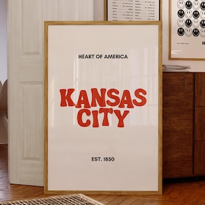 Impresión artística con tipografía de Kansas City / Arte mural rojo de Kansas City / Regalo de apartamento de Kansas City / Descarga digital
