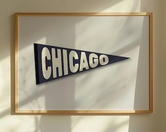Vintage Chicago-wimpelprint | Blauwe muurkunst Chicago vlag | Stadskunst in Chi-Town | Digitale download