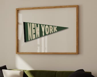 Vintage wimpelvlag van New York | Groene muurkunst appartement NYC | Slaapzaalkunst | Digitale download
