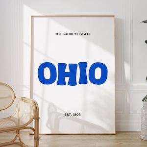 Impresión artística de tipografía de Ohio / Arte mural azul del estado de Buckeye / Descarga digital
