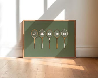 Cartello vintage per la cameretta con il nome / Decorazione murale personalizzata a forma di racchetta / Download digitale