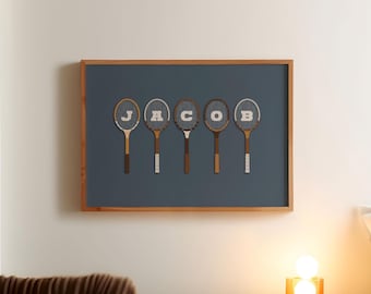 Cartello vintage per la cameretta con il nome / Decorazione murale personalizzata a forma di racchetta / Download digitale