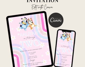 Invitations d'anniversaire numériques | Thème bleu | Fille | Modifiable sur Canvas | Thème arc-en-ciel marguerite