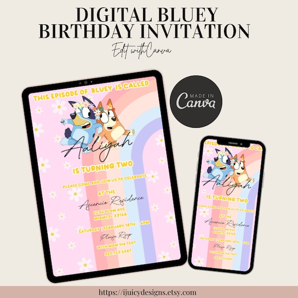 Bluey Digital Birthday Invitations | Bluey Theme | Girl | Editable on Canva | Daisy rainbow theme