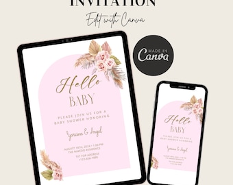 May include: Digital printable baby shower invitation with a pink background and floral design. The text reads "Hello Baby" and "Please join us for a baby shower honouring Yariana & Angel".