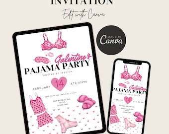Op de afbeelding: Een digitale uitnodiging voor een Galentine's Pajama Party. De uitnodiging toont een roze bh, een roze slaapmasker, een roze pyjama en roze pantoffels. De tekst op de uitnodiging luidt "Galentine's Pajama Party" en "Hosted by Jessica". De datum is 14 februari en de tijd is 20:00 uur. Het adres is 1234 Palm Ave, Miami, FL 33147. De RSVP-datum is 15 februari 2024. Het telefoonnummer is (123) 456-7890.
