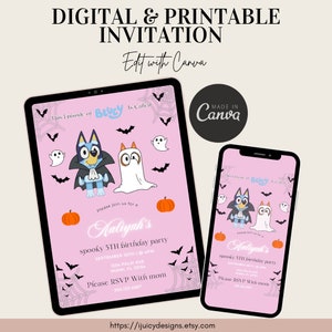 Invitations d'anniversaire d'Halloween de chien bleu numérique | Thème chien bleu | fille | Modifiable sur Canvas | thème halloween
