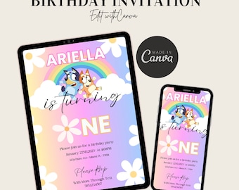 Digitale verjaardagsuitnodigingen | Bluey-thema | Meisje | Bewerkbaar op Canva | Daisy regenboogthema