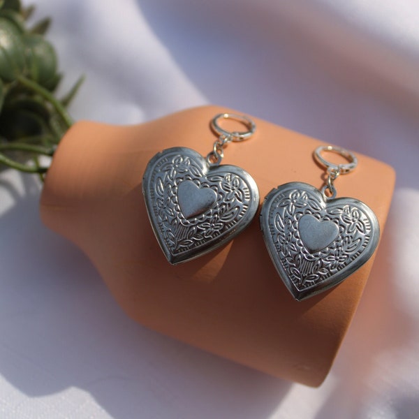 Stainless Steel Silver Heart Locket Earrings