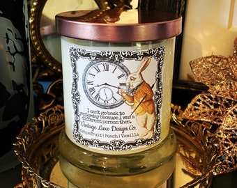 White Rabbit Wonderland Soy Candle | Alice Wonderland Inspired Decor | Whimsical Gift | Book-Themed Candle | Grapefruit Peach Vanilla Scent