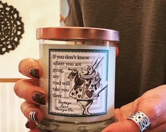 White Rabbit 10 Oz. Soy Wax Candle | Alice Wonderland Whimsical Mad Tea Party Gift | Book Candle | Literary Gift Candle | Cheshire Cat