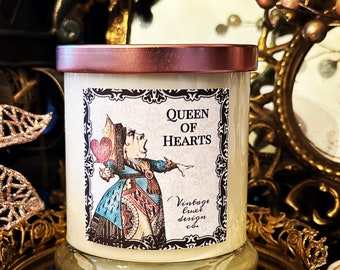 Queen Hearts 10 Oz. Soy Wax Candle | Alice Wonderland Whimsical Mad Tea Party Gift | Book Candle | Literary Gift Candle | Pomegranate Tart