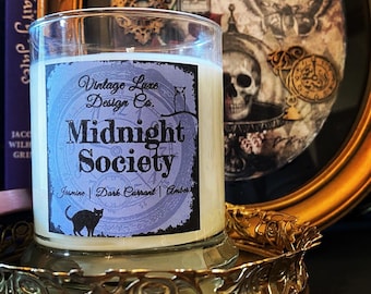 Midnight Society 10 Oz. Soy Wax Candle | Ghost Gift | Gothic Book Candle Decor Gift | Horror Literary Gift Candle | Jasmine Amber Currant
