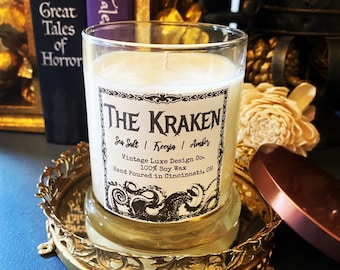 The Kraken 10 Oz. Soy Wax Candle | HP Lovecraft Gift | Gothic Book Candle Decor Gift | Horror Literary Gift Candle | Sea Salt Freesia Amber