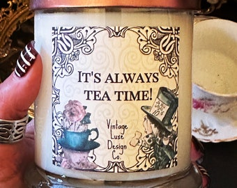 Mad Hatter 10 Oz. Soy Wax Candle | Alice Wonderland Whimsical Mad Tea Party Gift | Book Candle | Literary Gift Candle | Cardamom Spice