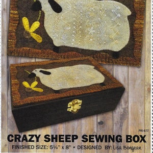 Primitive Gatherings Wool Applique Crazy Sheep Sewing Box Kit or Pattern Lisa Bongean  - Unfinished Wood Box Available