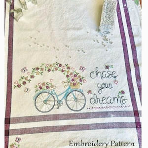 Chase Your Dreams -- Hand Embroidery (Stitchery) Dish Towel Full Kit with Pattern Bareroots Extra Blank Towels Available to Buy