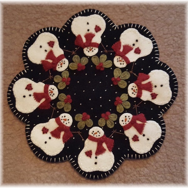 Frosted Kisses Candle Mat and Mini Mat/Mug Rug and Swag Pattern Made Using Wool Felt Applique by Kathryn Hecker for Penny Lane Primitives