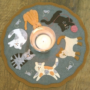 Little Stitches Cat's Meow Candle Mat Wool Felt Hand Embroidery (Stitchery) Pattern or Kit with Pattern by Bareroots