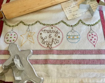 Merry & Bright - Hand Embroidery (Stitchery) Dish Towel Pattern by Bareroots