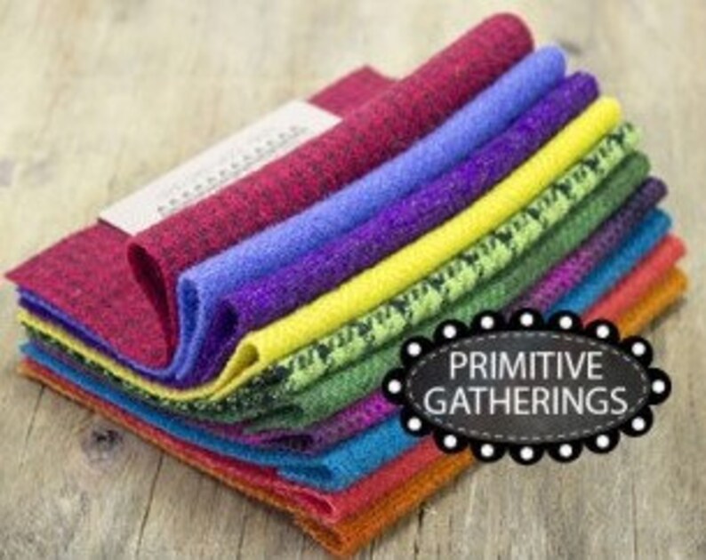 5 100% Hand Dyed Wool Charm Pack Brights Textures by Primitive Gatherings 10 5 Squares image 1