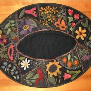 Primitive Gatherings Wool Applique Flower Garden Crazy Table Mat Pattern and Kit Available Lisa Bongean