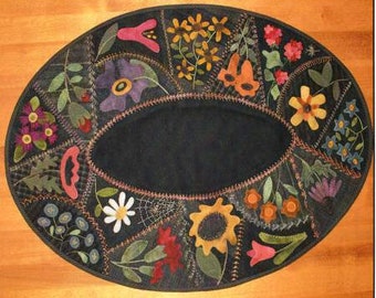 Primitive Gatherings Wool Applique Flower Garden Crazy Table Mat Pattern and Kit Available Lisa Bongean