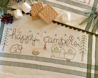 Happy Campers -- Hand Embroidery (Stitchery) Dish Towel Pattern by Bareroots