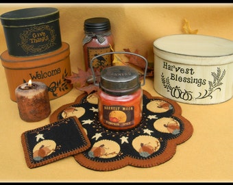 Harvest Moon Candle Mat with Mug Rug/Coaster Pattern Using Made Wool Felt by Kathryn Hecker for Penny Lane Primitives