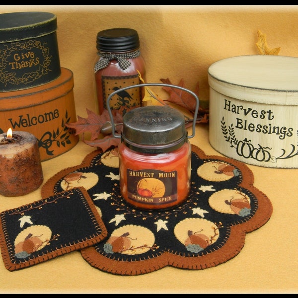 Harvest Moon Candle Mat with Mug Rug/Coaster Pattern Using Made Wool Felt by Kathryn Hecker for Penny Lane Primitives
