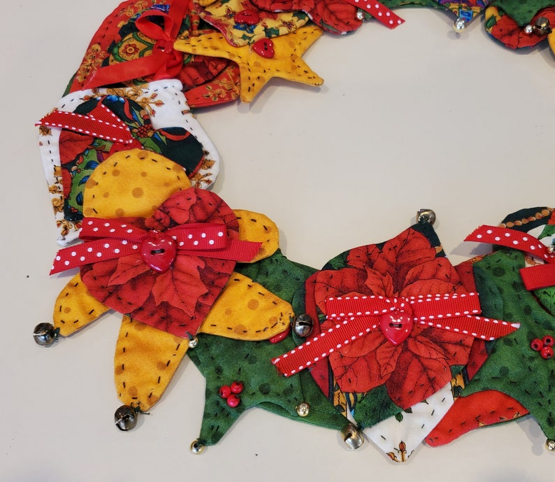 One of a Kind Hand Made Shop Sample Machine Stitched Hand Quilted Finished Holiday Christmas Table Wreath wBells Approx Size 16 x13