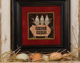 Embroidery Punchneedle Pattern, Threads that Bind Fresh Eggs, Pattern Printed on Weavers Cloth Pig & Chickens Primitive Needlework DIY Craft