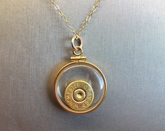 Winchester 45 cal. colar de bala, medalhão com vista traseira, medalhão cheio de ouro 14k, pedra de nascimento de fevereiro