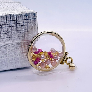 Medallón de oro macizo de 14 k hecho a mano, tamaño de una moneda de diez centavos, con rubí, citrino y perla, serie artística, hermosa combinación