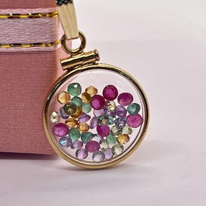 14k solid gold handmade dime size ruby, tanzanite, amethyst, emerald, peridot, citrine shaker locket artistic series, beautiful mix