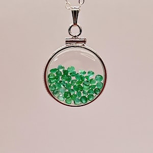 Handmade dime size  sterling silver emerald shaker locket lucite view locket, necklace, beautiful may birthstone. 2.0 tcw