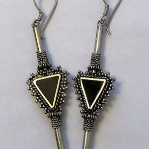 Large Handmade Sterling and Onyx  Dangle Earrings Indonesia, Vintage old stock, Beautiful