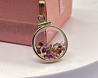 14k solid gold handmade dime-size tourmaline shaker locket  lucite view locket, necklace,beautiful october birthstone.