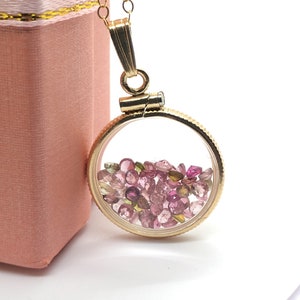 Handmade Dime-size Tourmaline Shaker Locket 14k Gold-Filled Lucite View Locket, Necklace, Beautiful October Birthstone. Small cut gems.