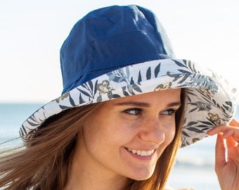 Summer Hats Woman Wide Brim Sun Hat Floppy Floral Sunhat Womans Gardening Beach Hat 100% Cotton & Packable Navy Blue Bucket Hat
