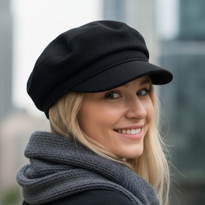 Womens Black Baker Boy Cap Newsboy Hat, Fall Winter Hat for Women, 100% Wool Lined Cute Slouchy Fashion Beret, Ladies Holiday Gift
