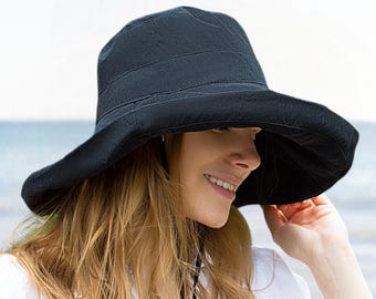 Adjustable Extra Wide-Brim Foldable Bucket Hat for Women - Soft, Packable, All-Season Black Sunhat