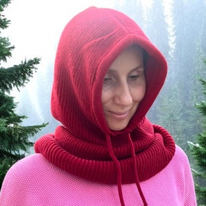 Chunky Knit Soft Merino Wool Women Hooded Balaclava Hat, Woolen Warm Stylish Red Neck Warmer, Merino Knitted Hood Cowl with Strings