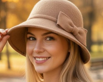 Vintage Style Wool Cloche Hat Fluffy Knit Elegant Winter Bucket Bow Hat for Women