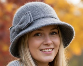4971 Solid Color Winter Hat Wool Cloche Bucket with Bow Accent,Grey, One Women Cloche Hat With Knit Bow, Wool Winter Cloche, Black  main image 3