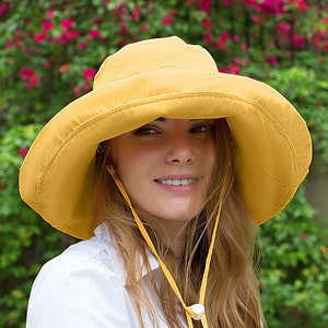 Adjustable Size Womens to Fit All Heads Soft Brim Floppy Extra Wide Brimmed Bucket Hat for Women All Season Foldable Hat for Ladies Yellow